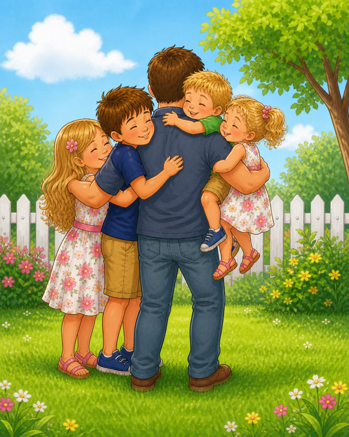 Daddy hugging the Bigs and Littles in a sunny backyard.